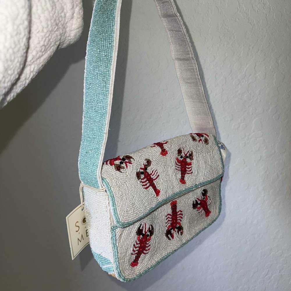 Lobster Embroidered Shoulder Bag in Blue and White